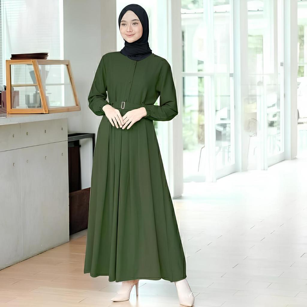 Gamis Hitam Polos Free Belt Dress Remaja Kekinian Maxi Busui Syar'i Daily-Army