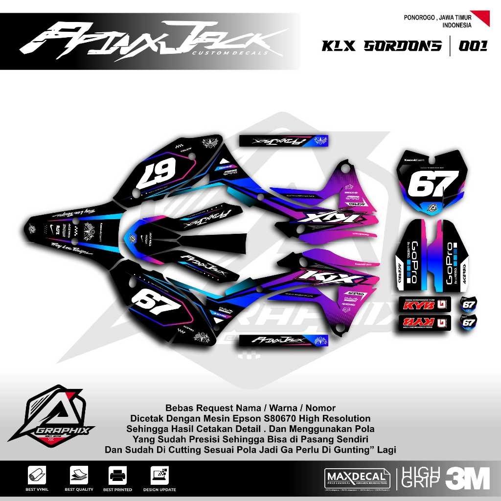 DECAL KLX GORDONS HITAM BIRU UNGU PINK 001