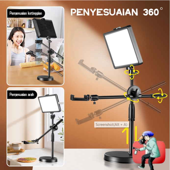 KV Overhead Phone Stand + Led Lampu Stand Holder Phone Holder Bracket 360° Lampu Fotografi