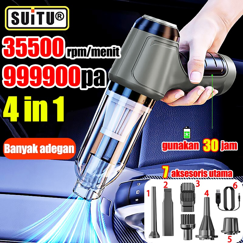 4 in 1 Multifungsi SUITU VACUM CLEANER MOBIL 999900pa 35500rpm/menit Penyedot Debu Hisap/Tiup/Pompa/Mengembang Pengisian USB Genggam Senyap Cocok untuk perlengkapan interior otomotif kamar tidur selimut tempat tidur rambut Vacuum Cleaner Portable