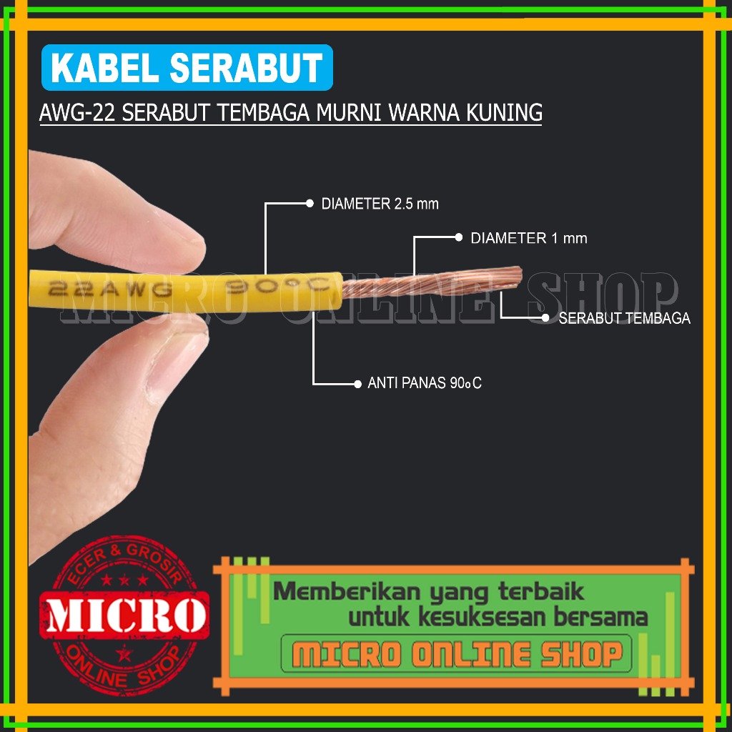 PAKET 3 METER Kabel Serabut AWG-22 Kuning / Kabel Kelistrikan Motor Mobil / Kabel AWG Serabut Tembag