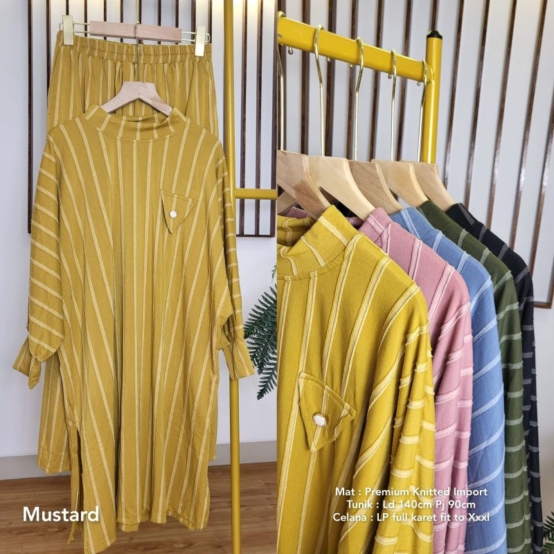 Setelan jumbl tunik dan Celana Motif Garis Salur Ld 140cm Jumbo