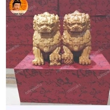 patung Singa kayu/pajangan fengshui singa bahan kayu 4inch sepasang