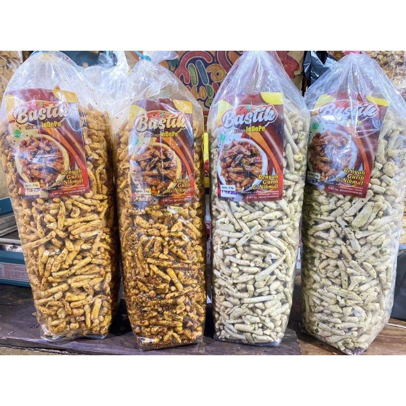 

bastik basreng stik JeDePe rasa original dan pedas daun jeruk kemasan bal 1 kg dan 2 kg