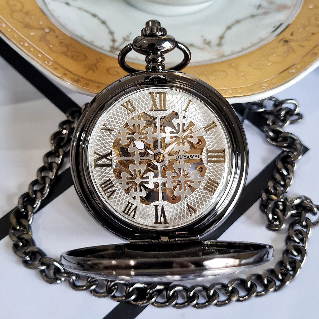 POCKET WATCH Flambouyant Jam Kantong Saku Hitam Putih Automatic Otomatis Mechanical Mekanik Skeleton