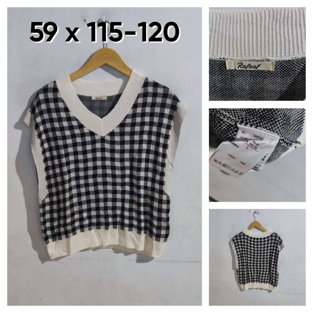 Vest Rajut By RafRaf Motif Kotak Kotak V Neck Size L Wanita Atasan Rompi Outer Wanita