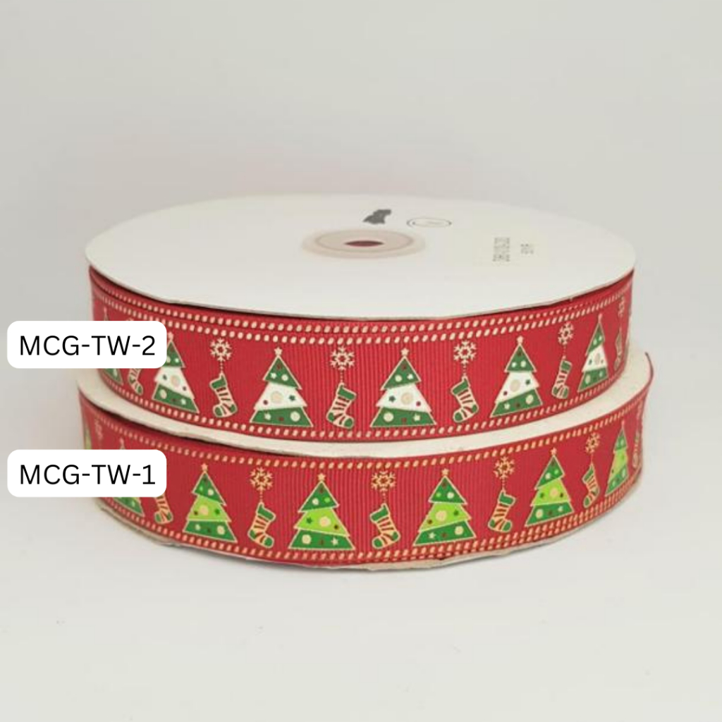

(1 Roll) Pita Grossgrain Natal ±2.5cm x 50 Yard Motif Pohon Timbul Merry Christmas Hiasan Kado Hampers Bouquet