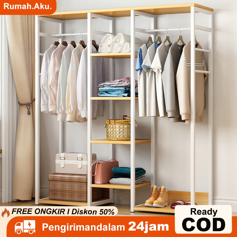 Rak Gantungan Baju Besi Terbuka/Rak Baju Kayu 5 Susun/Stand Hanger Besi