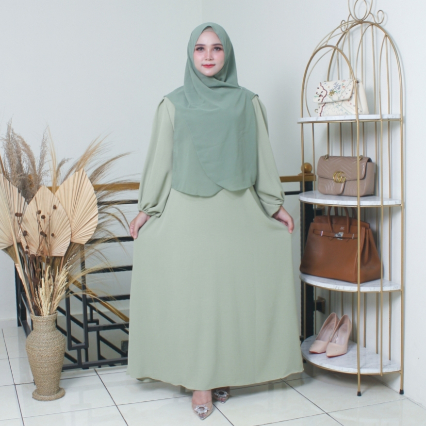 Putroelabel - Gamis Lora Premium Sage Set Hijab | Dress Casual Wanita Busui Friendly