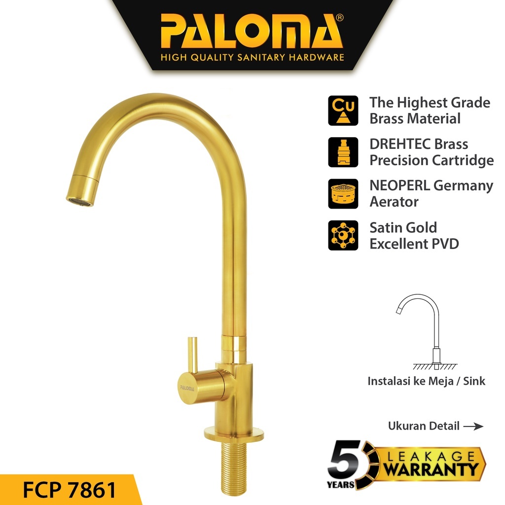 Keran Sink Angsa Keran Cuci Piring Dapur PALOMA FCP 7861 Kran Air Emas Gold