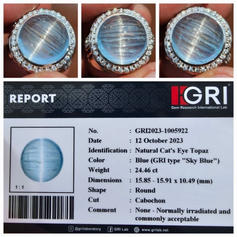 Natural Rare Gemstone Cat Eye Sky Blue Topaz Memo 24.46 crt