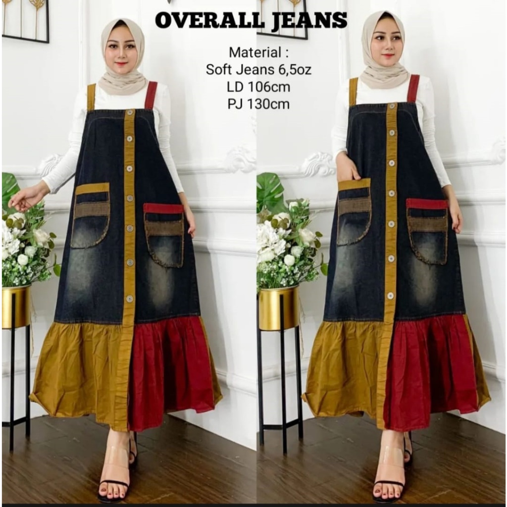 FASHIONSISTA - RAINBOW OVERALL NO INNER Bahan Jeans Apk Kancing Variasi Saku Kanan Kiri Baju Gamis W