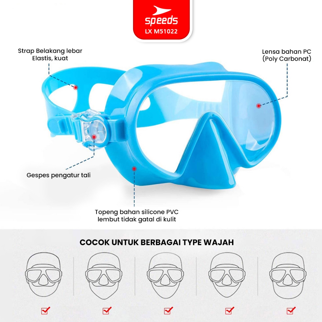 SPEEDS Peralatan Menyelam Anak Remaja Diving Mask Kacamata Selam Snorkel Mask Scuba Mask M51022