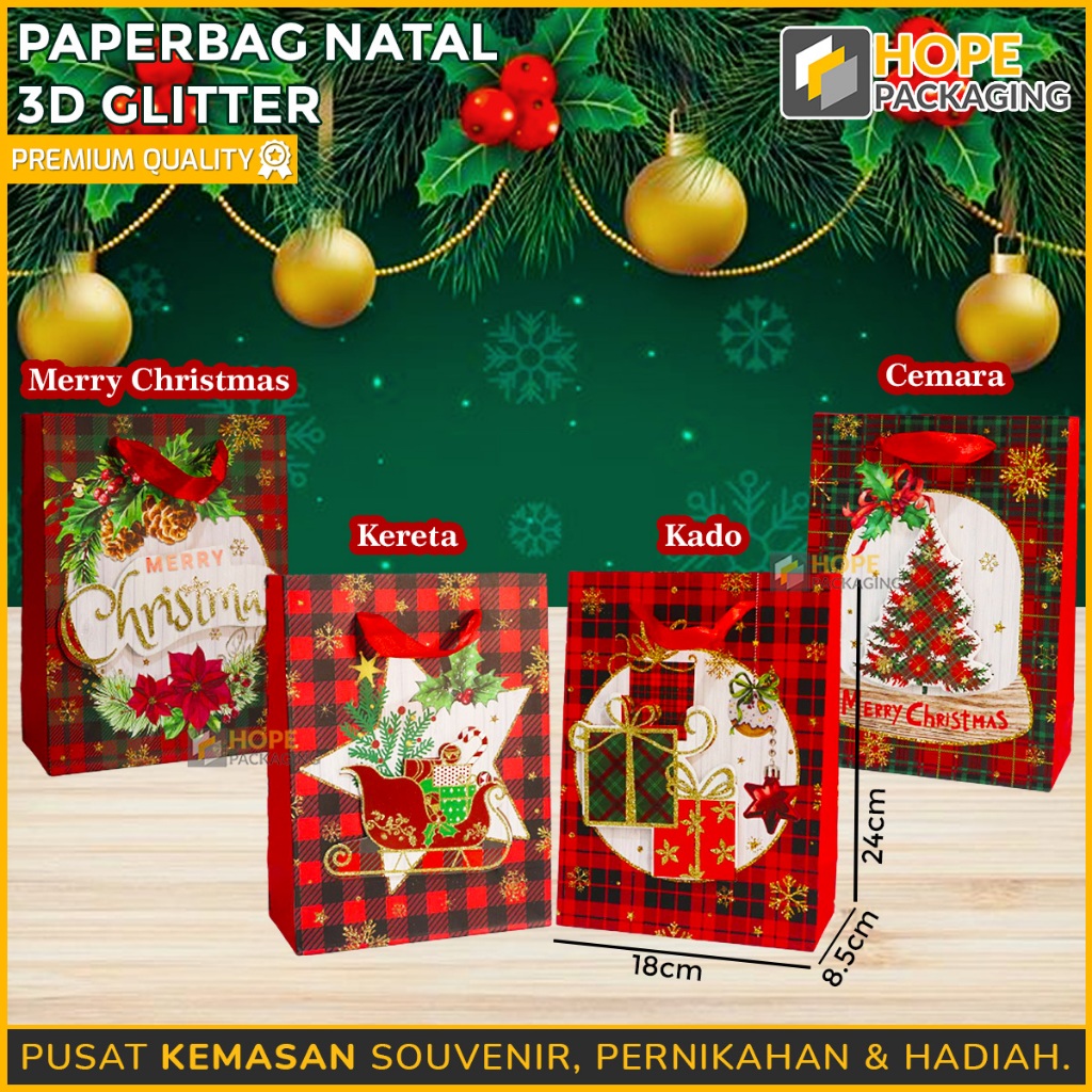 

Paperbag Hand Bag Kertas 3D Glitter / Goodie Bag / Tas Tenteng Christmas / Gift Paper bag murah Hampers / Hadiah tahun baru