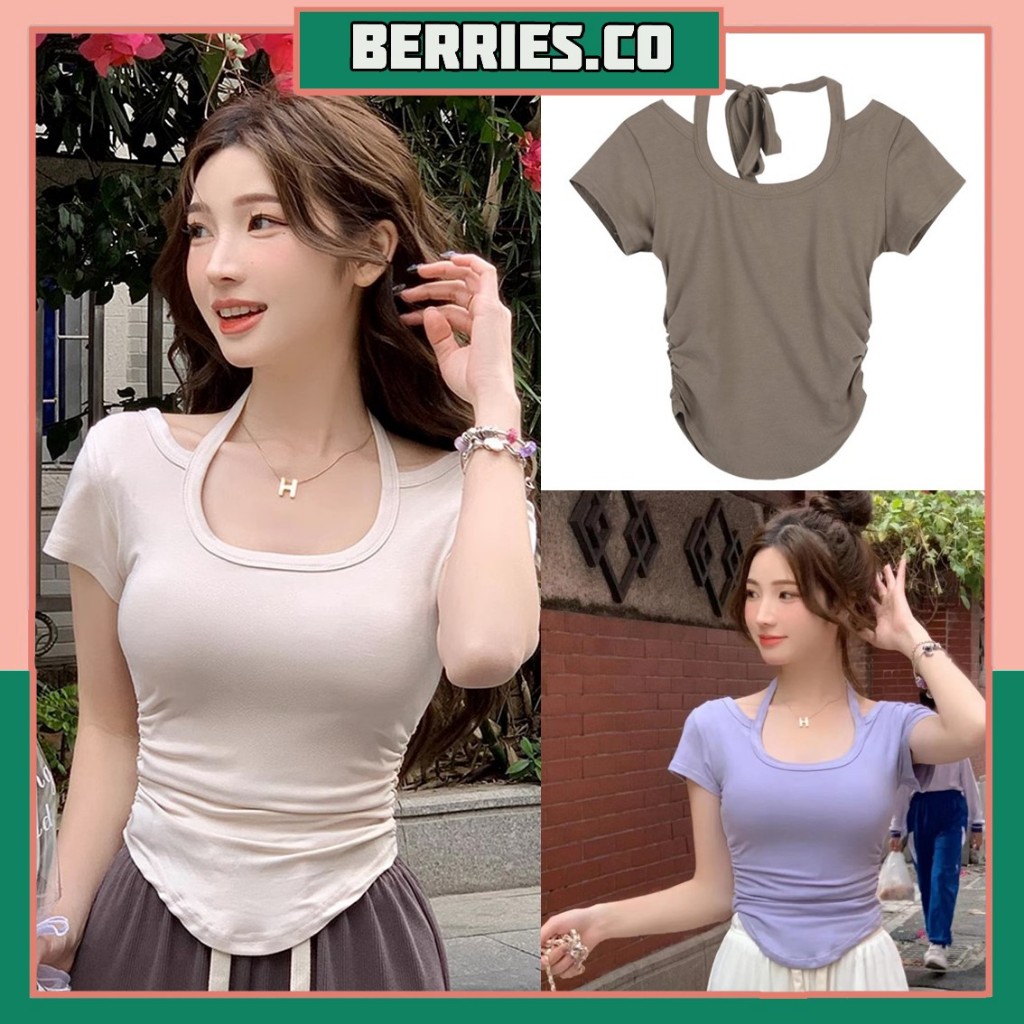 BRI*BJ1413 Baju Atasan Kaos Spandek Korean Wanita Sexy Lengan Pendek Leher Tali Leher Fashion