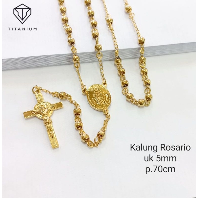 Kalung Rosario Emas Bunda Maria Titanium Polos Emas dan Silver