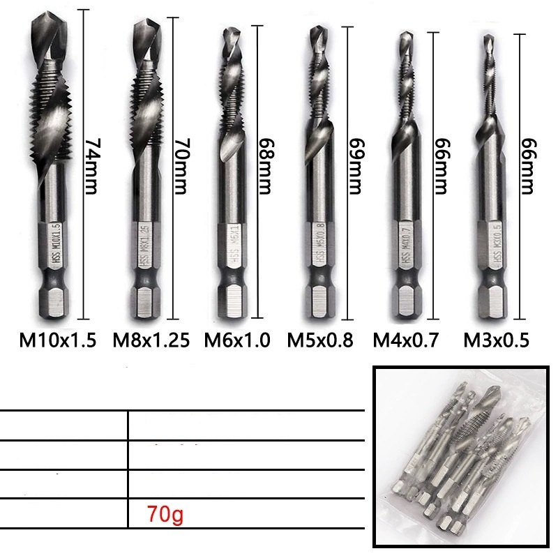 QBLADE Mata Bor Tap Drat Set Mata Bor Lubang Sekrup 6Pcs (mm)Silver Kuning 3024 3024A