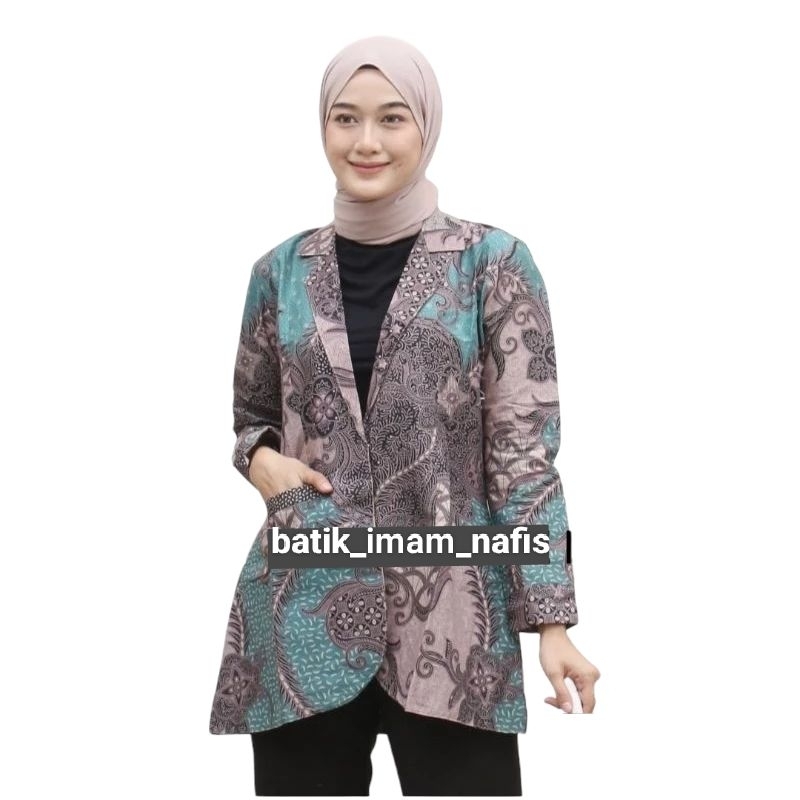 Blazer Batik Seragam Kantor Jas Baju Wanita Jumbo Outer Formal Resmi Kondangan Kerja Guru Bahan Katun Adem Ukuran XS S M L XL XXL XXL 3XL