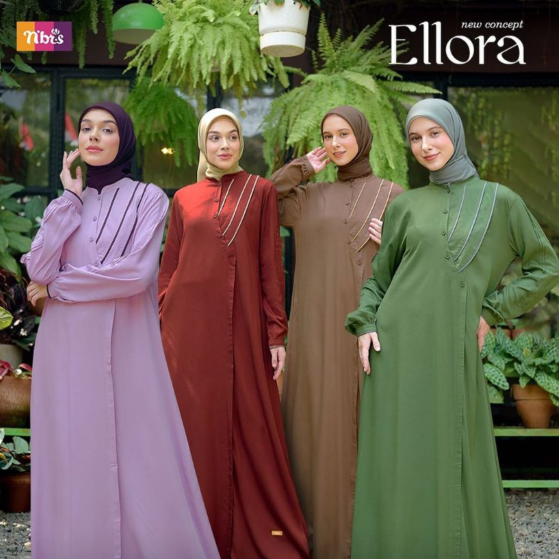 Ellora gamis Nibras terbaru gamis polos variasi - warna brown, lilac, brick red & green