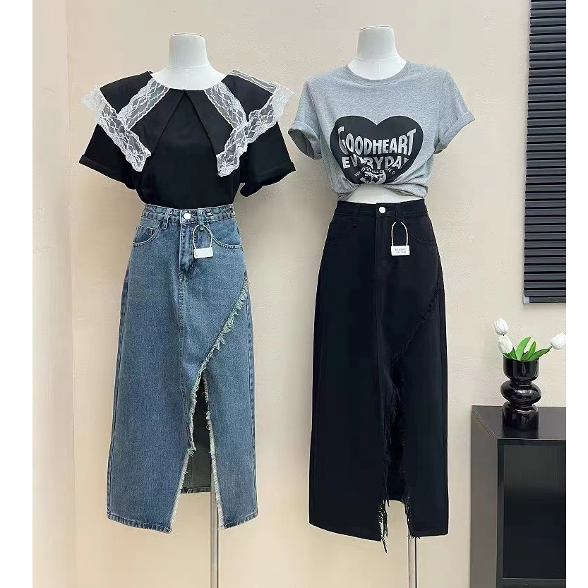 【wanita_id】rok jeans panjang rok korean style highwaist 7/8 rok a line rok midi skirt rok belah samping kekinian