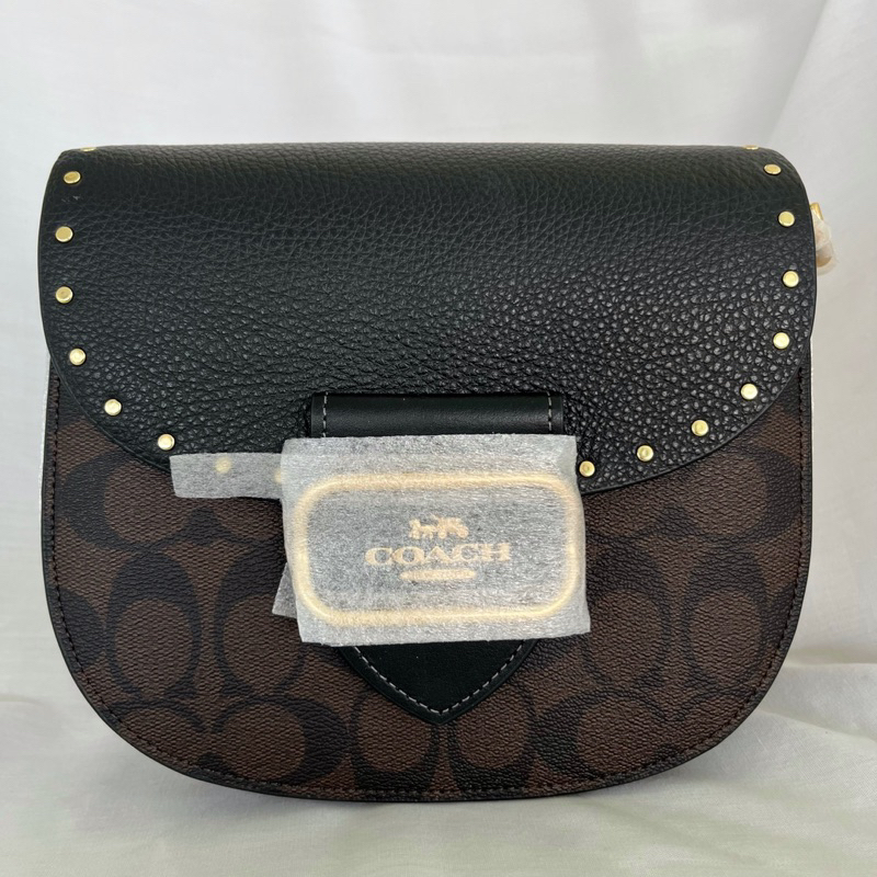 Tas Wanita Coach Signature Morgan Colorblock Rivets Saddle Bag Brown Black Multi
