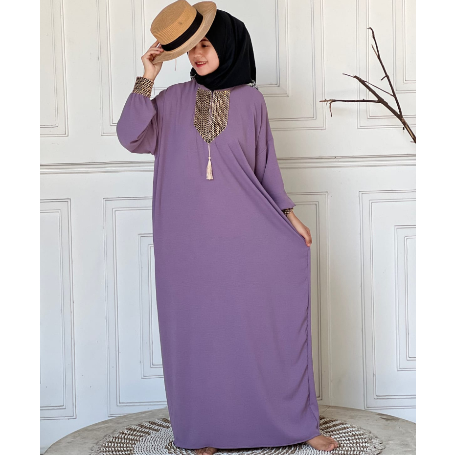 Gamis Sultan Renda Kringkle Airflow Premium Dress Kaftan Arab Polos Simple Busui Friendly Hitam-Lilac Kaftan
