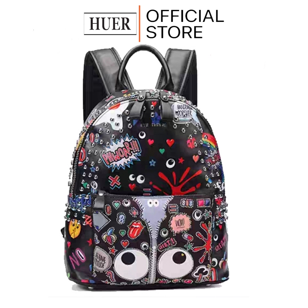 HUER ~ Tas Wanita Geohy Stud Eye Theme Printed Backpack 9454-108Black