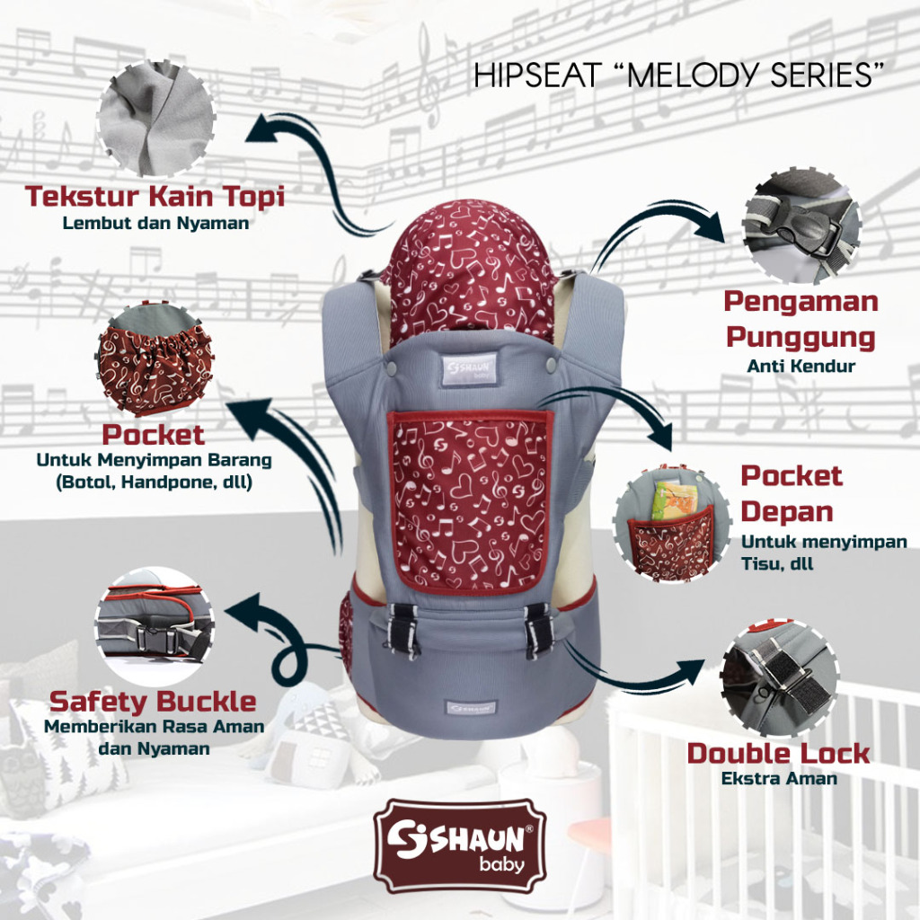 Gendongan Bayi Depan Duduk 7in1 Posisi + Penutup Kepala HipSeat Multi Fungsi Series Melody ShaunBaby