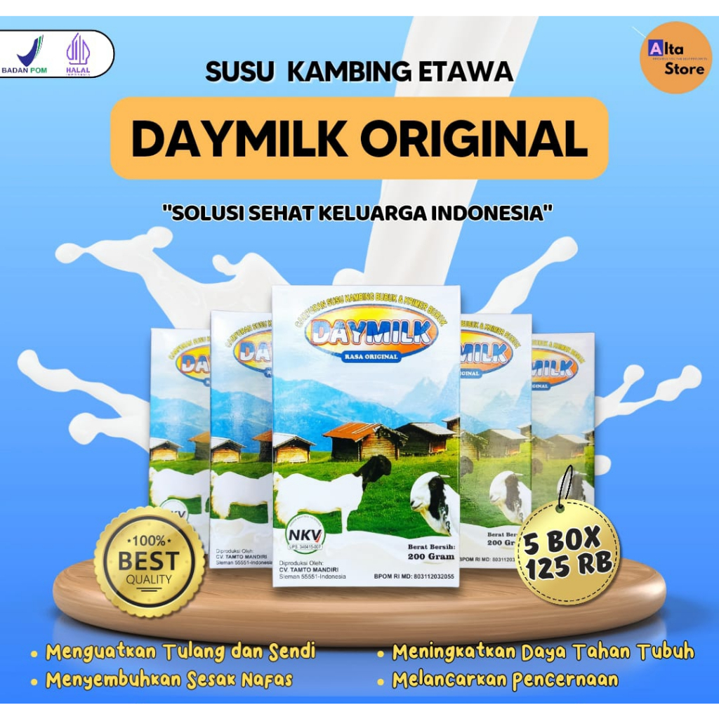 

Paket 5 Box Susu Kambing Daymilk Susu Kambing Etawa Halal BPOM 200 Gram Pontianak