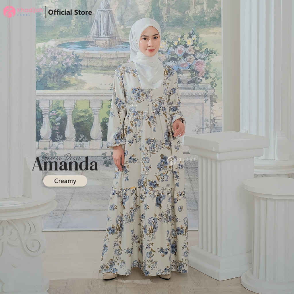 Khadijahlabel Gamis Motif Bunga Terbaru Dress Wanita Muslim Muslimah Cantik Kekinian Amanda-Cream