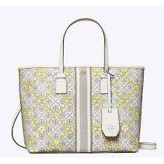 TORY BURCH Monogram T Top Zip Floral Vine Tote Bag Ivory