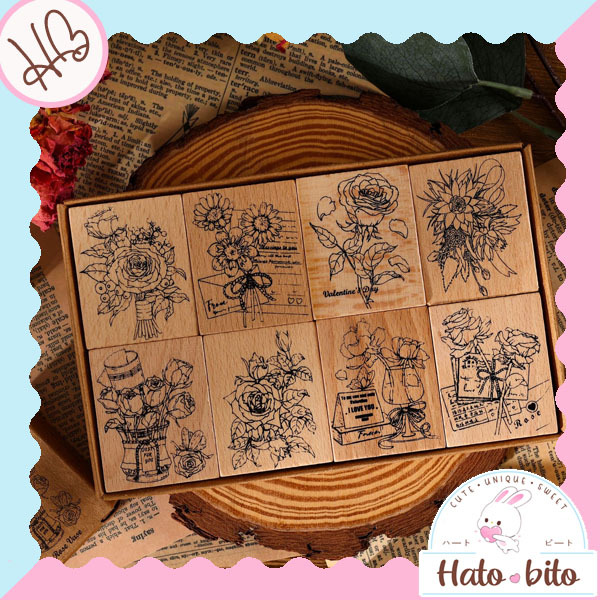 

1 set isi 8 pcs book of roses wood stamp aesthetic stempel bentuk bunga retro vintage HB1547
