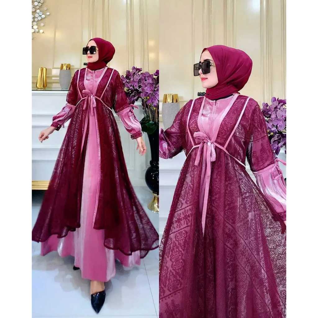 Talitha Maxi Dress Wanita Muslim Modern Kekinian Matt Shimmer Mix Brukat All Size Fit To XL Besar OOTD Gaun Pesta Kondangan Fashion Terlaris