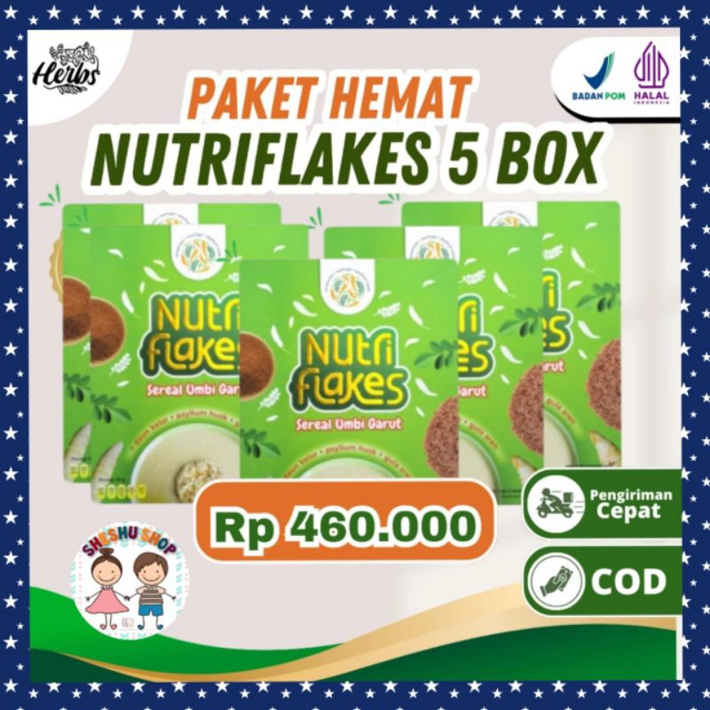 

READY NUTRIFLAKES PAKET 5 BOX SEREAL UMBI GARUT ATASI MAAG GERD SAKIT LAMBUNG GANGGUAN PENCERNAAN