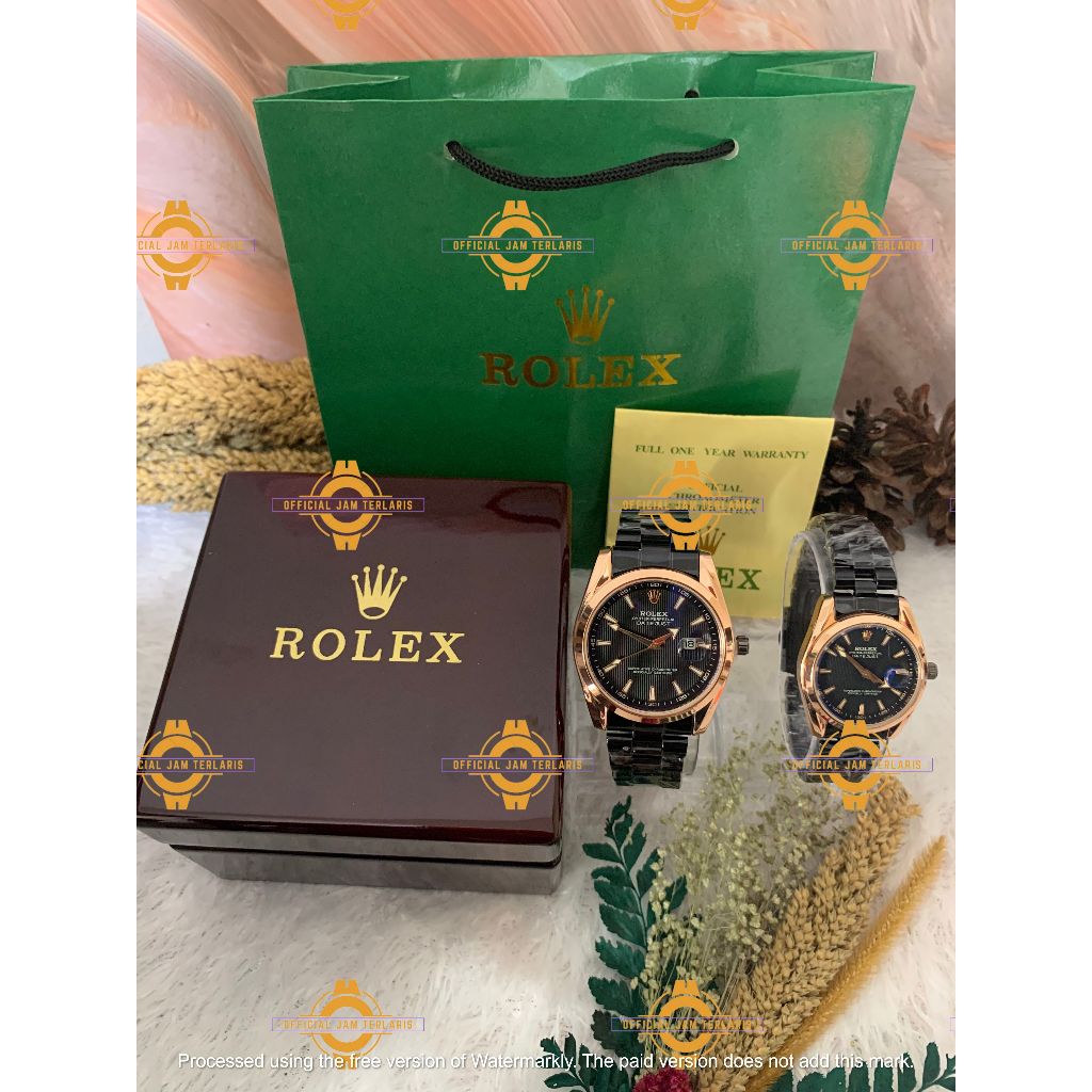 FREE BOX KAYU ORI Jam Tangan Couple Rolex Rantai Premium Tipe R621 Tanggal Aktif Free Box & Baterai