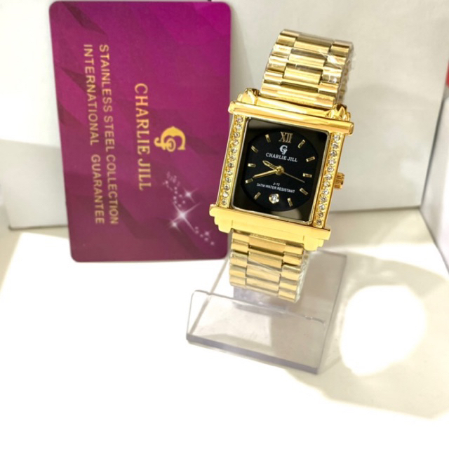 Jam Tangan Wanita Permata Segi Empat Charlie Jill 1059 Original Tahan Air Stainless Steel Gold Analo