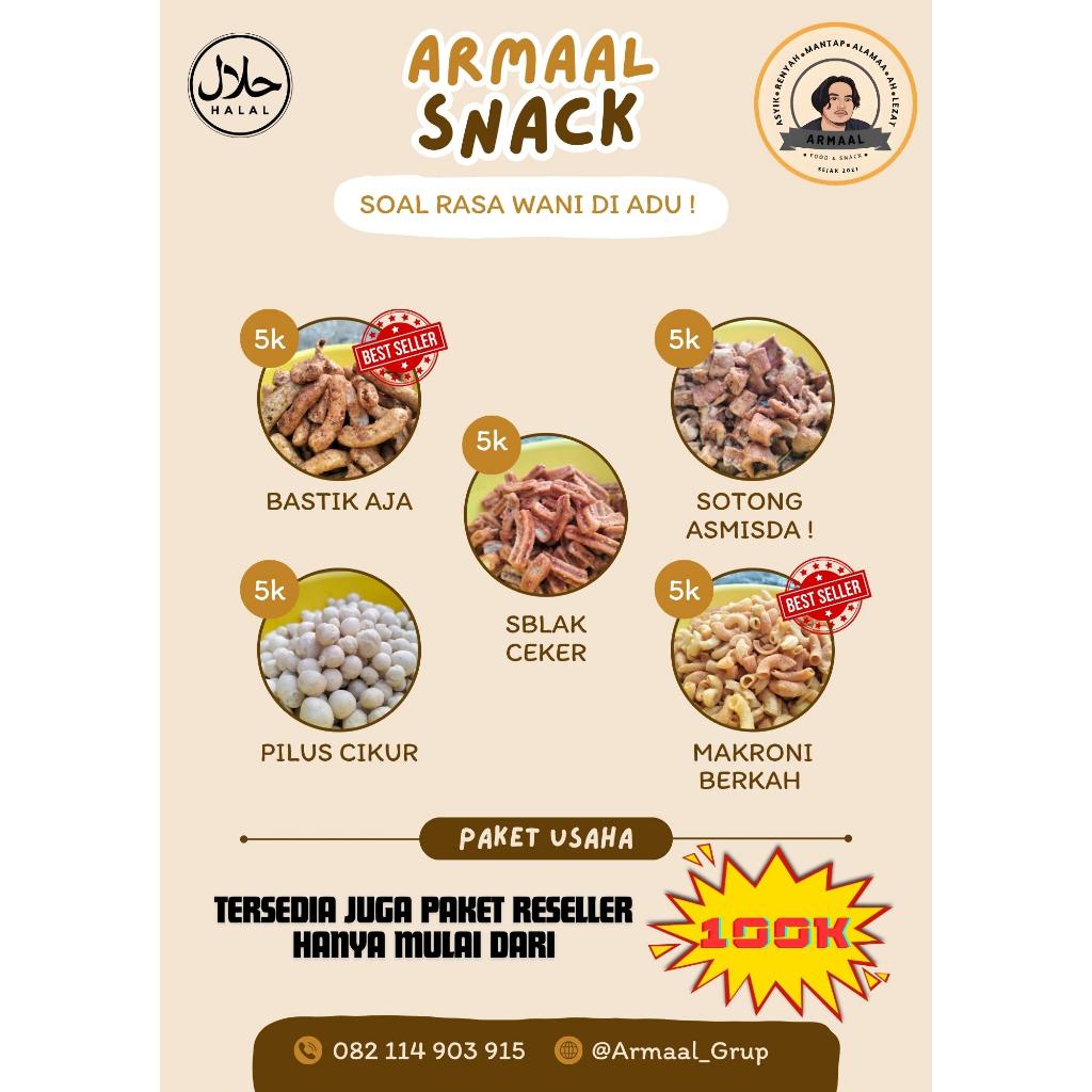 

Bastik aja Makaroni Berkah Pilus Cikur Sotong Asmisda dan Seblak Ceker 100Gram - ARMAAL SNACK