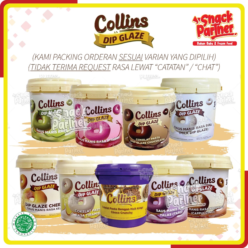 

COLLINS DIP GLAZE 1 KG - Topping Selai Donat Roti Kue Aneka Rasa - Chocolate Coklat Choco Crunchy Strawberry Stroberi Milk Susu Green Tea Teh Hijau Tiramisu Taro Talas Cappucino Kapucino Cheese Keju