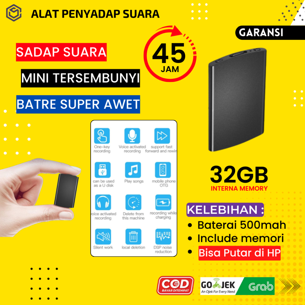 Alat Perekam Suara Mini Tersembunyi Voice Recorder Audio Sadap Penyadap Suara NO Jarak Jauh Mp3 32GB