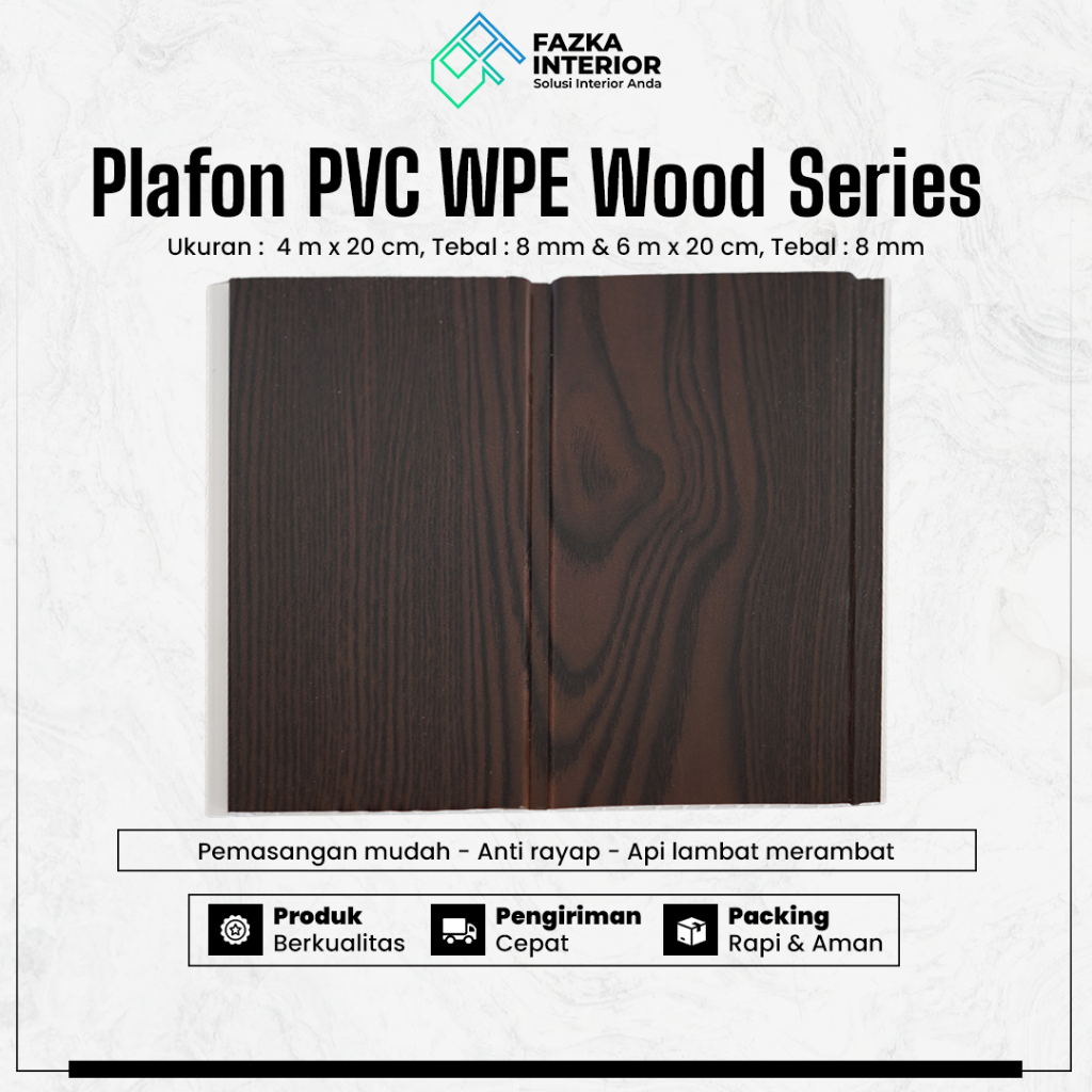 Plafon PVC WPE Home Decor Dekorasi Rumah Wood Series Ukuran 4m x 20cm Tebal 8mm Minimalis Estetik Motif Kayu Glossy Langit Rumah Instalasi Mudah