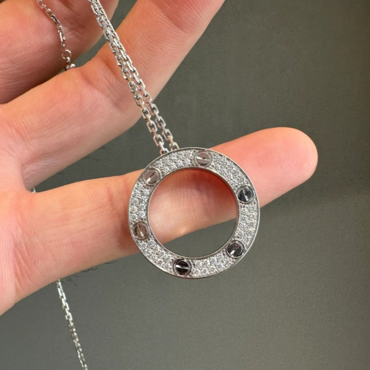 Kue pipih C-a-r LOVE penuh kalung Emas 17K berlian emas putih rose gold kalung