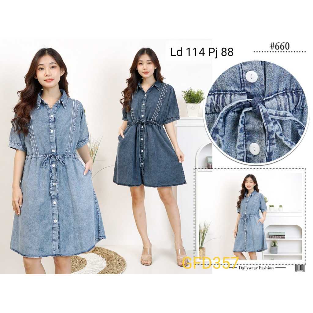 GFD357 Dress Wanita Jeans Denim Pinggang Serut Full Kancing Jumbo LD114 PJ88 Saku SAmping