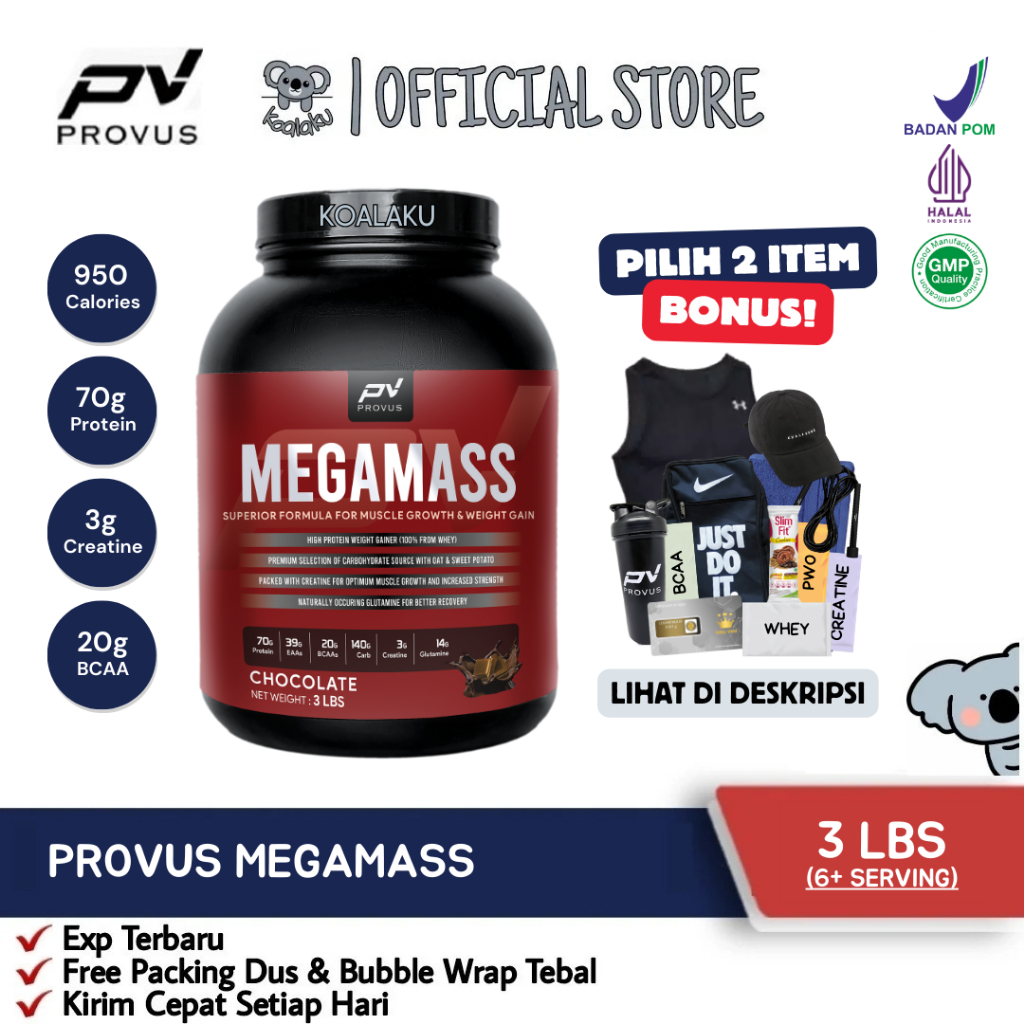 Provus Mega Mass Gainer 3lbs 1.35 kg 2 lbs Megamass Susu Protein Gym Bulking Penggemuk Penambah Bera