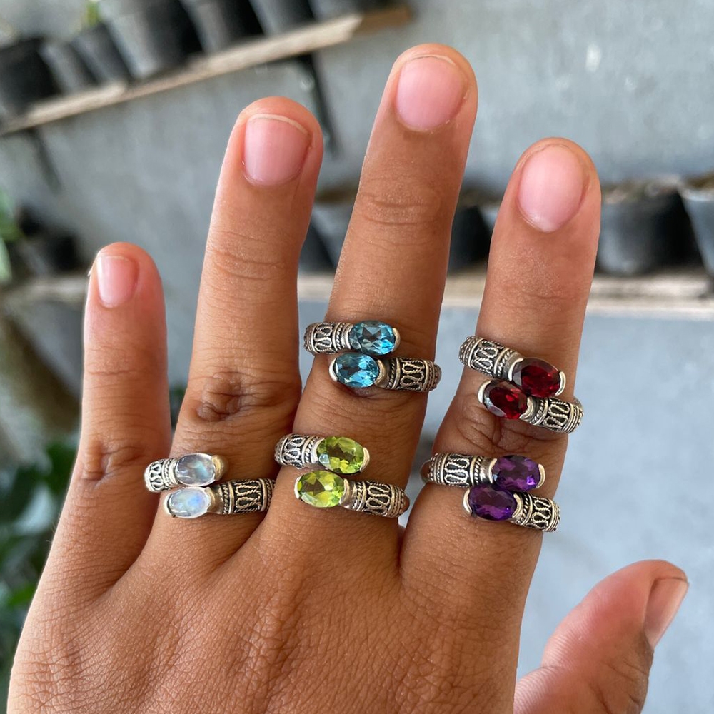 Cincin Ring Perak Silver Bali Asli 925 budhis 2 mata batu amethyst kecubung merah garnet Pria Laki W