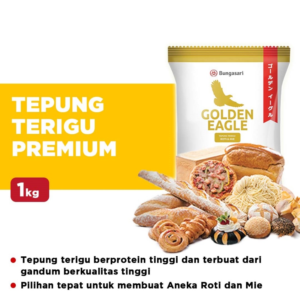 

Golden Eagle Tepung Terigu Protein Tinggi Untuk Roti dan Mie 1Karton isi 10pcs