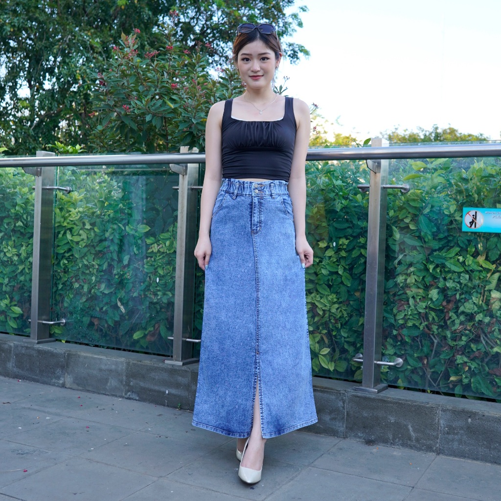 BANDIDAS - Highwaist Rok Jeans Panjang Wanita Pinggang Karet 2 Warna Belah Depan Bawah