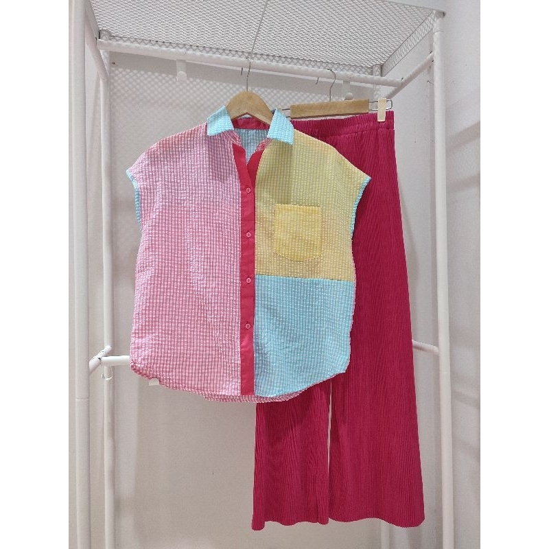 Korean look one set Premium import Bangkok BKk Kemeja kotak, PPG celana kulot plisket fushia Natal C