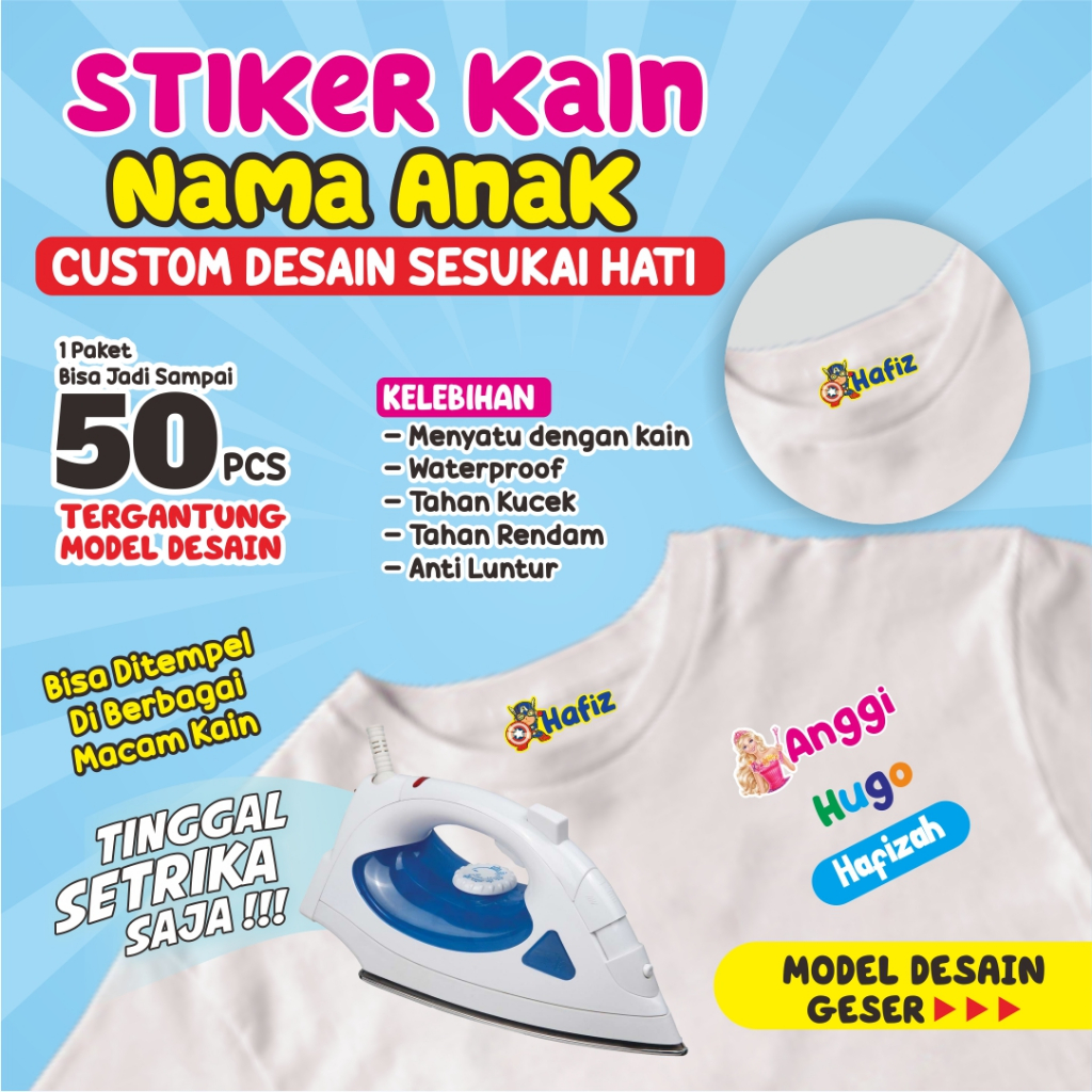 

Stiker Kain, stiker nama baju, stiker kain setrika, sablon setrika custom