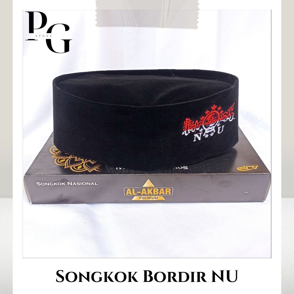 Songkok Bordir NU MERAH PUTIH // Peci Hitam Bordir NU Songkok Santri Nusantara NON AC - NU Merah Put