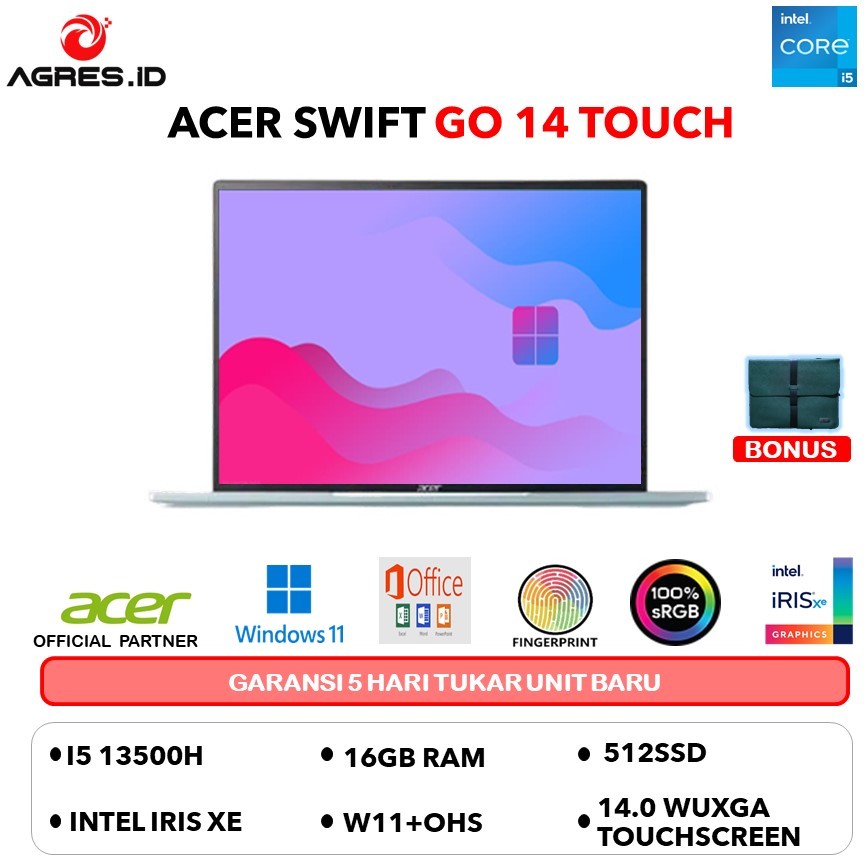 ACER SWIFT GO SFG14 TOUCH I5 13500H 16GB 512GB W11PRO+OHS 14.0WUXGA SRGB FP 2Y+ADP SLV -71T.51MG